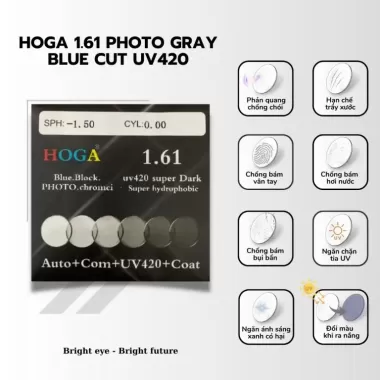Tròng Kính HOGA 1.61 Photo Grey Blue Cut SHMC – Đổi Màu Xám, Chống Ánh Sáng Xanh, Chống Chói Cao Cấp