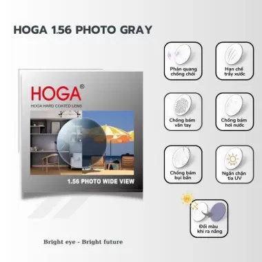 Tròng Kính 1.56 HOGA Photo Grey SHMC – Đổi Màu Xám Thông Minh, Chống Chói Cao Cấp, Bảo Vệ Mắt Tối Ưu