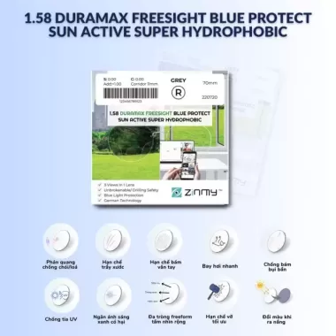  Đa tròng ZINMY 1.58 DURAMAX FREESIGHT BLUE PROTECT SUN ACTIVE SUPER HYDROPHOBIC