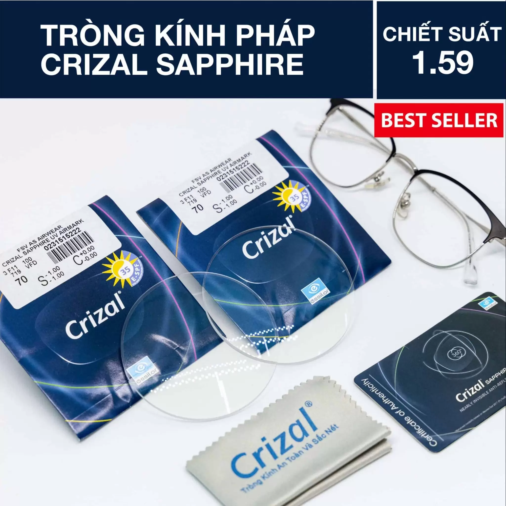 Tròng Kính Ngăn Ánh Sáng Xanh Chống Chói Crizal Sapphire ESSILOR PHÁP 1.59