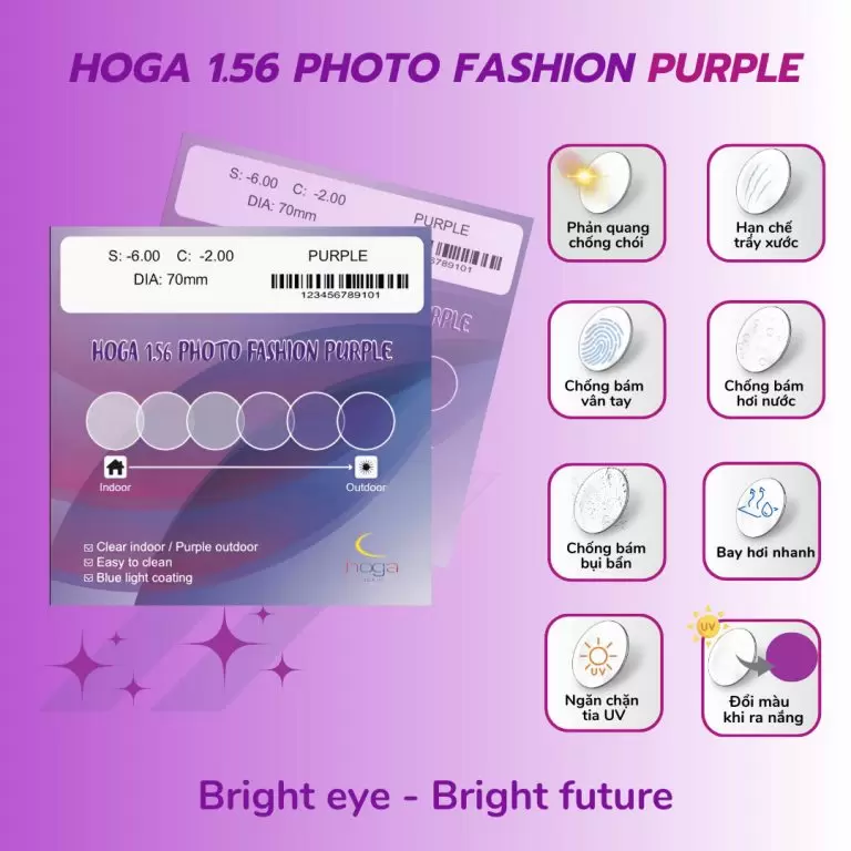 Tròng Kính HOGA 1.56 Photo Fashion Purple – Đổi Màu Tím Thời Trang, Chống Chói Cao Cấp