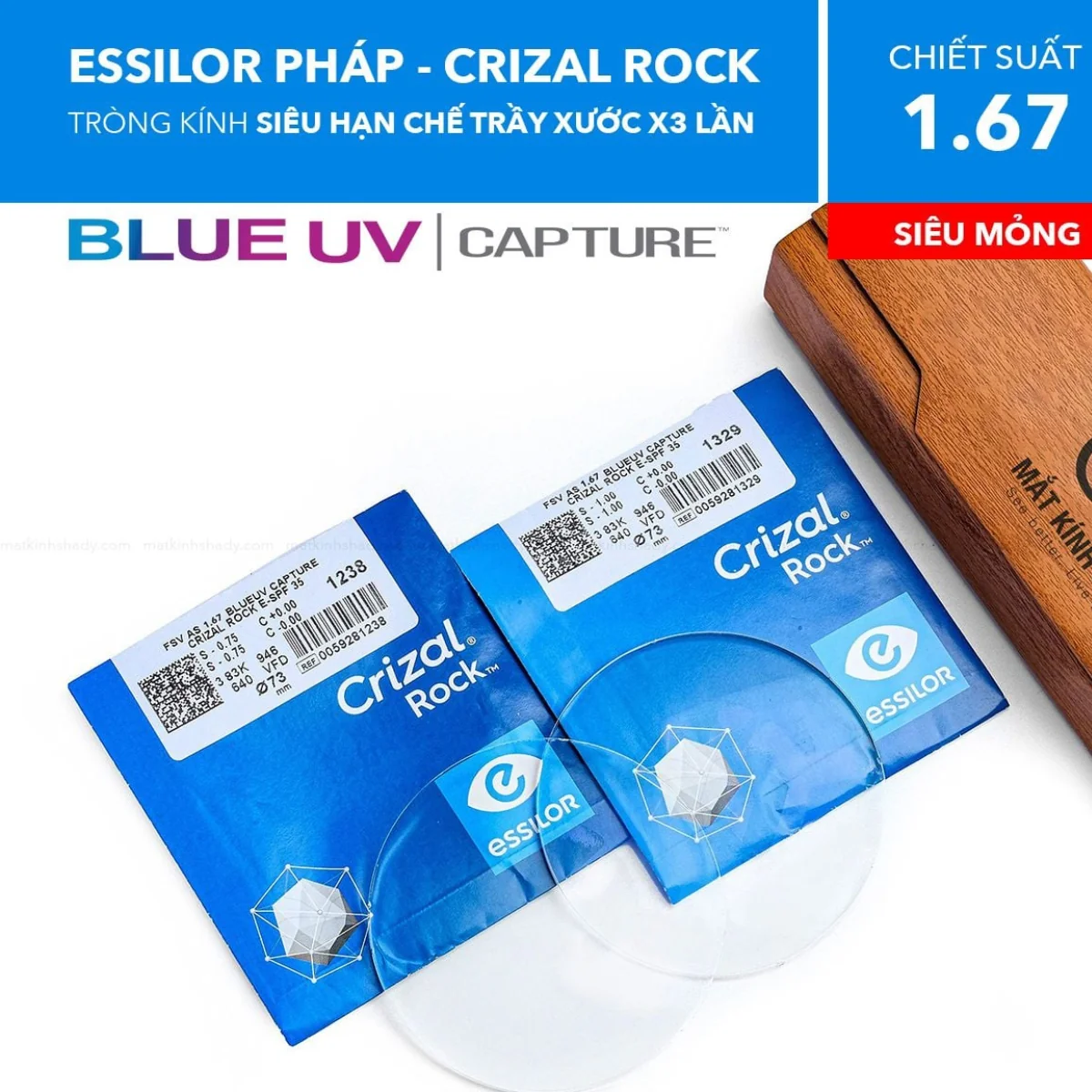 Tròng Kính Siêu Mỏng Chống Ánh Sáng Xanh Crizal Rock Blue Uv Essilor 1.67