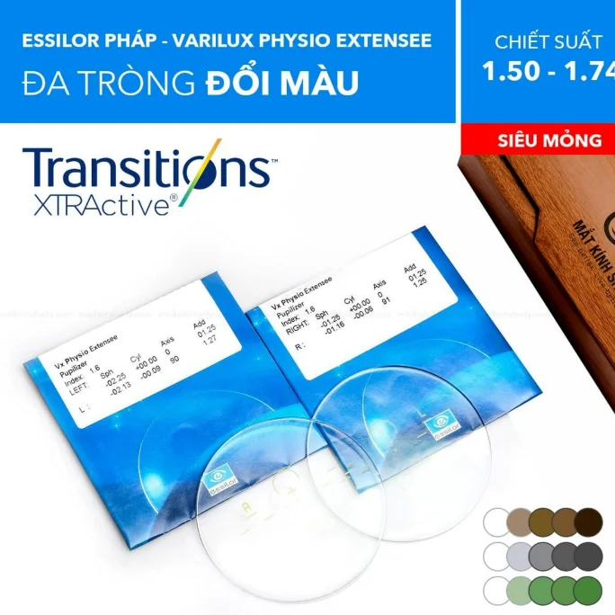 Tròng Kính Đa Tròng Đổi Màu Essilor Varilux Physio Extensee Transitions XTRActive 1.50/ 1.60/ 1.67