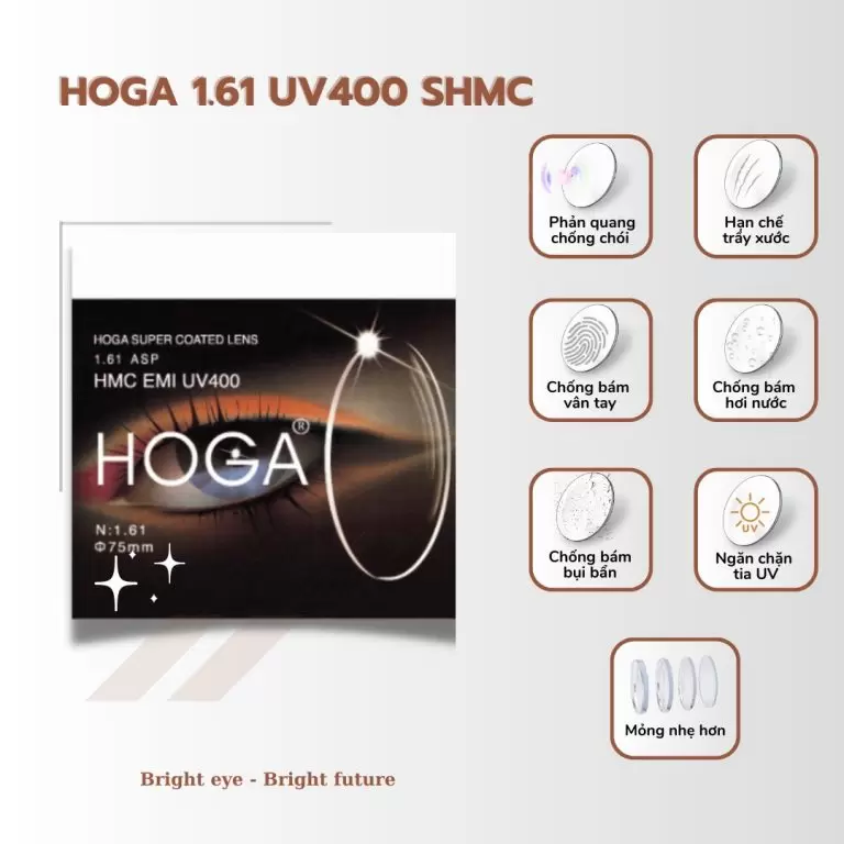 Tròng Kính HOGA 1.61 UV400 SHMC – Mỏng Nhẹ, Chống UV, Chống Chói Vượt Trội