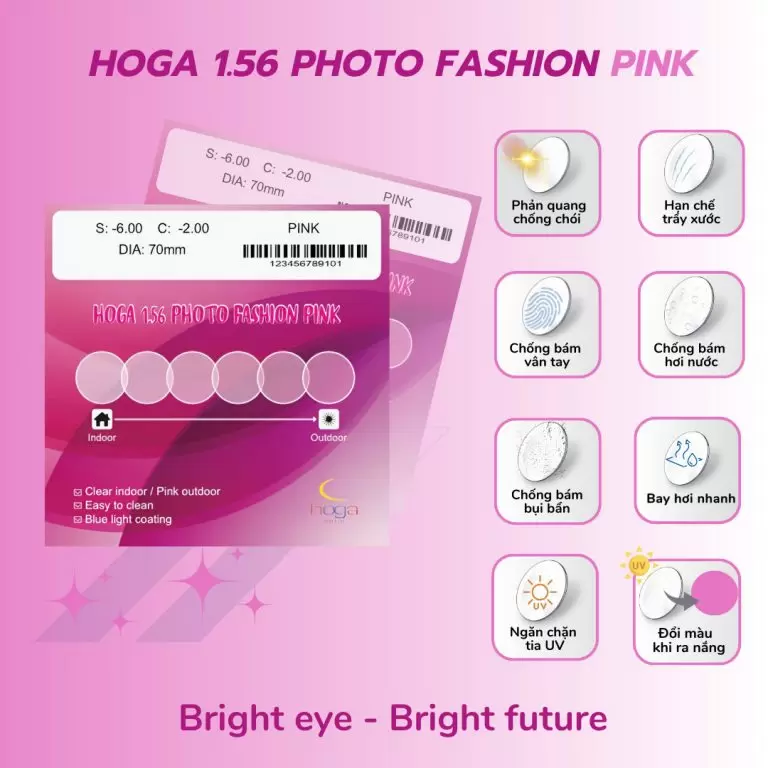 Tròng Kính HOGA 1.56 Photo Fashion Pink – Đổi Màu Hồng Thời Trang, Chống Chói Cao Cấp