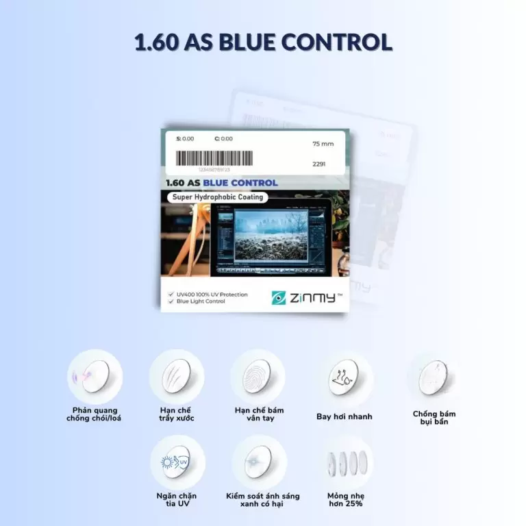 Tròng Kính 1.60 AS Blue Control – Chống Ánh Sáng Xanh Cao Cấp, Nhìn Rõ – Bảo Vệ Mắt Toàn Diện