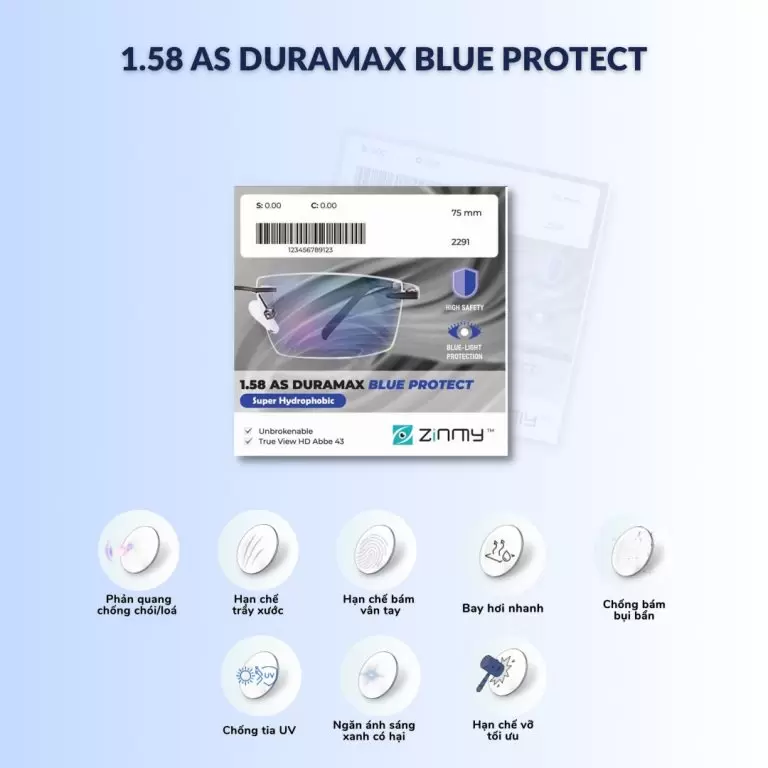 Tròng Kính 1.58 AS Duramax Blue Protect – Chống Ánh Sáng Xanh, Siêu Bền, Chống Chói Cao Cấp