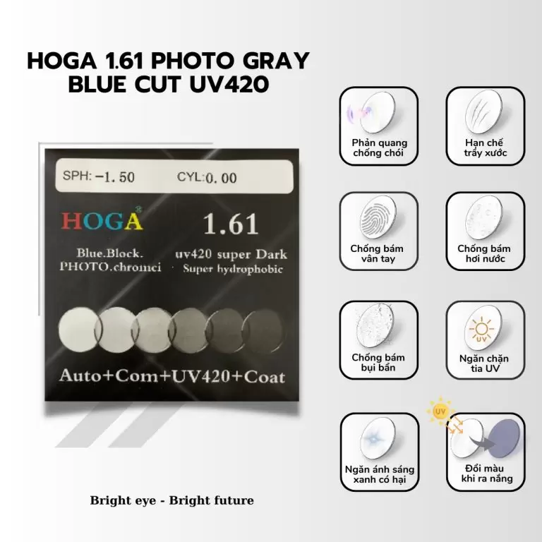 Tròng Kính HOGA 1.61 Photo Grey Blue Cut SHMC – Đổi Màu Xám, Chống Ánh Sáng Xanh, Chống Chói Cao Cấp