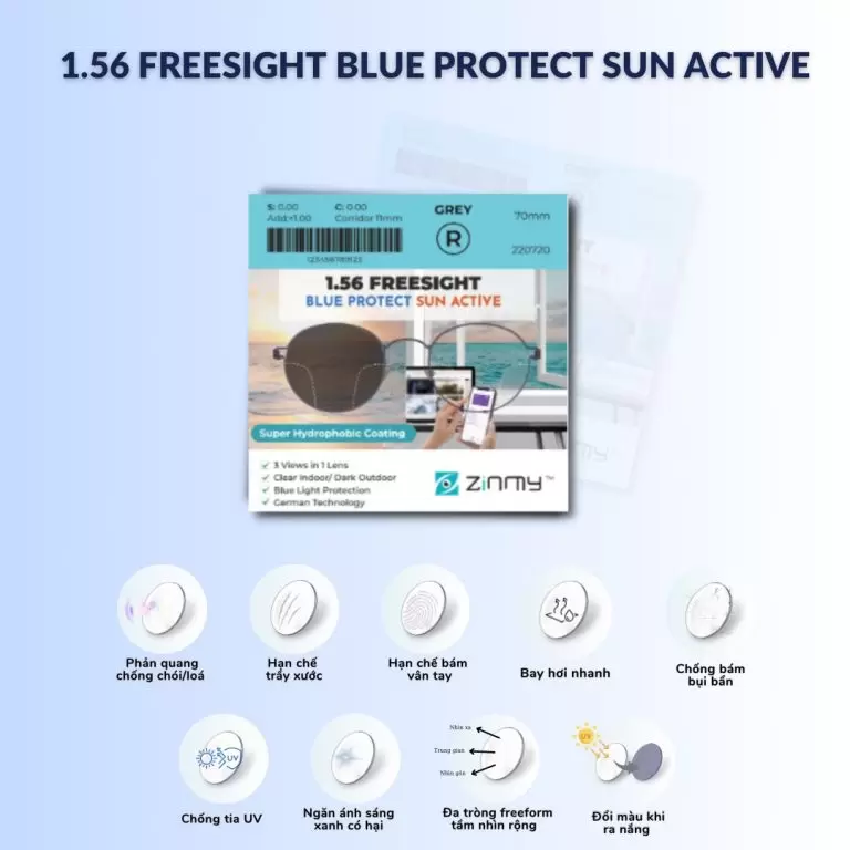 Tròng Kính HOGA 1.56 Freesight Blue Protect Sun Active – Đổi Màu, Chống Ánh Sáng Xanh, Bảo Vệ Mắt Toàn Diện