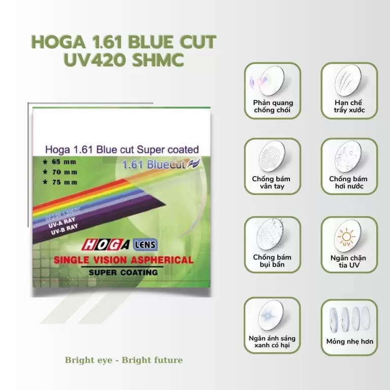 Tròng Kính 1.61 HOGA UV420 SHMC – Mỏng Nhẹ, Chặn Ánh Sáng Xanh 420nm, Chống Chói Cao Cấp