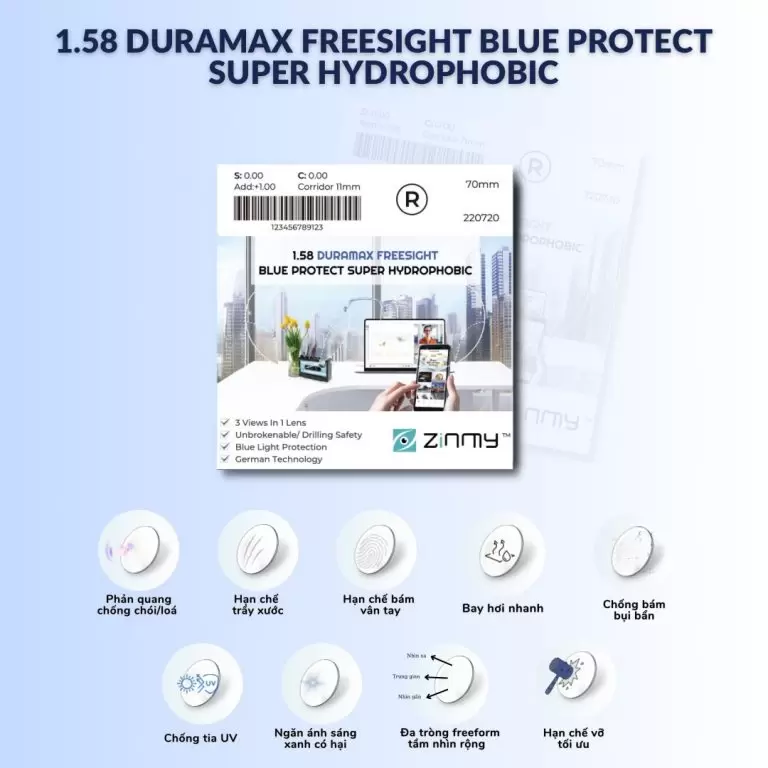  Đa tròng ZINMY 1.58 DURAMAX FREESIGHT BLUE PROTECT SUPER HYDROPHOBIC