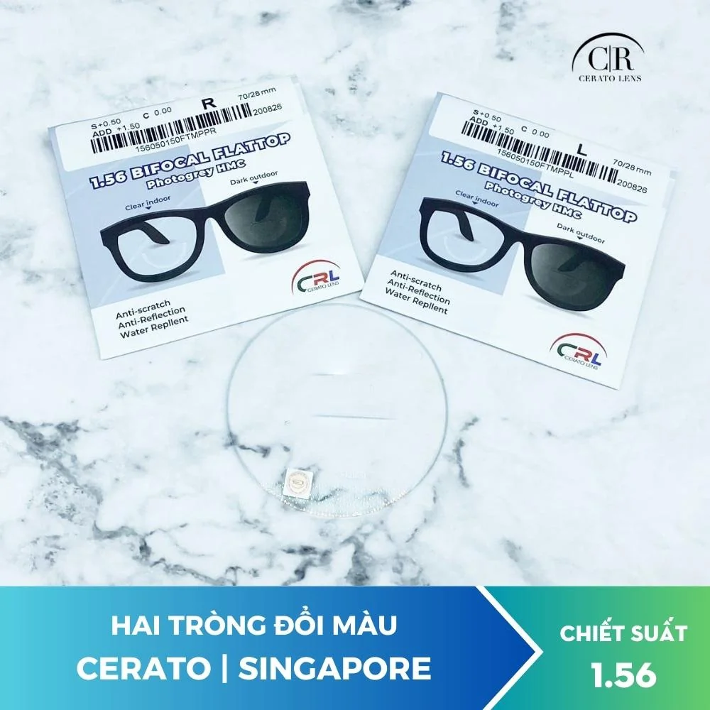 Kính hai tròng đổi màu Cerato 1.56HMC Bifocal Flattop Photogrey