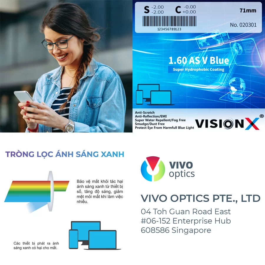 Tròng kính Vision X 1.60 AsV Blue