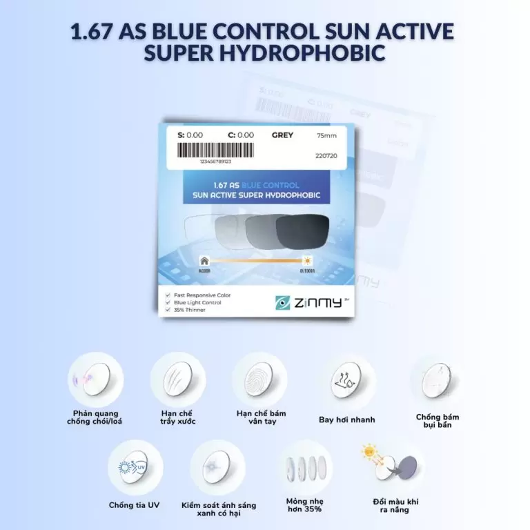 Tròng Kính ZINMY 1.67 AS Blue Control Sun Active – Đổi Màu, Chống Ánh Sáng Xanh & Siêu Chống Bám Nước