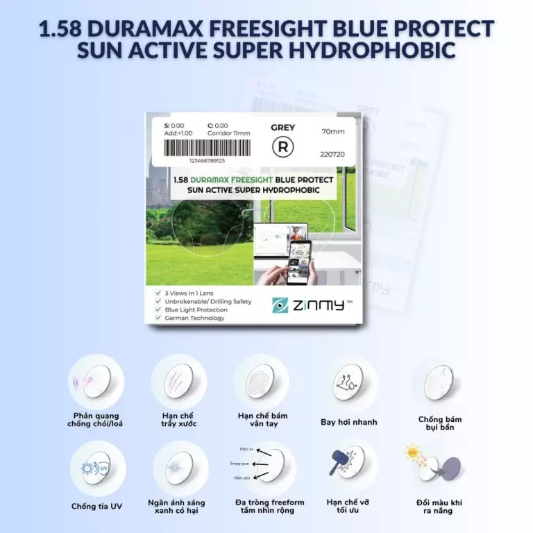 Tròng Kính đa tròng ZINMY 1.58 Duramax Freesight Blue Protect Sun Active Super Hydrophobic 